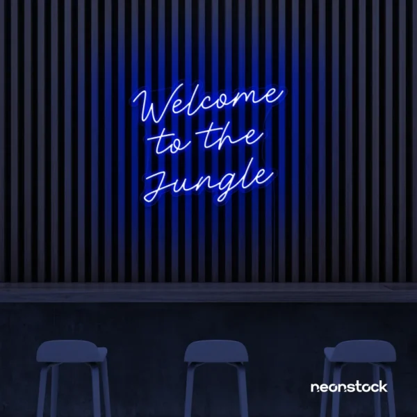 Welcome to the Jungle neon sign in dark blue for bold interiors, gaming setups, and tropical decor.
