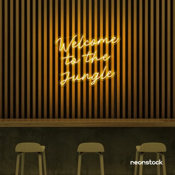 Welcome to the Jungle neon sign in golden yellow for bold interiors, gaming setups, and tropical decor.