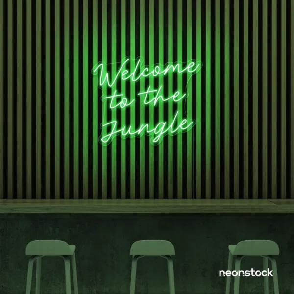 Welcome to the Jungle neon sign in green for bold interiors, gaming setups, and tropical decor.