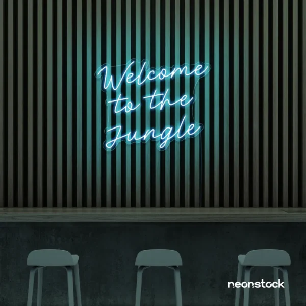Welcome to the Jungle neon sign in ice blue for bold interiors, gaming setups, and tropical decor.