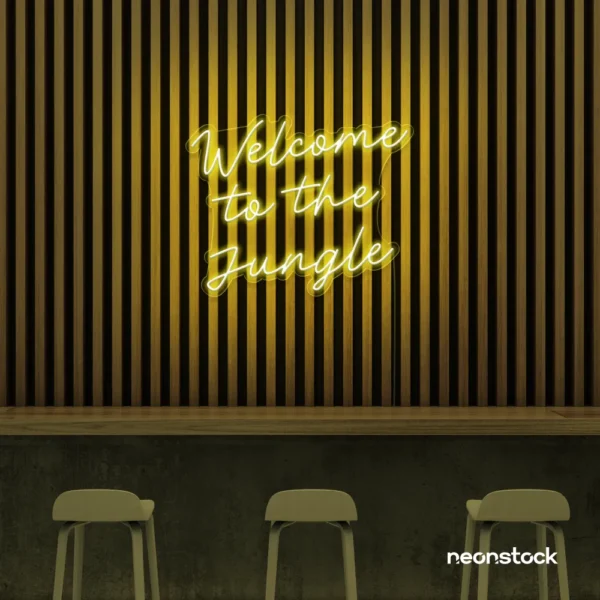 Welcome to the Jungle neon sign in lemon yellow for bold interiors, gaming setups, and tropical decor.