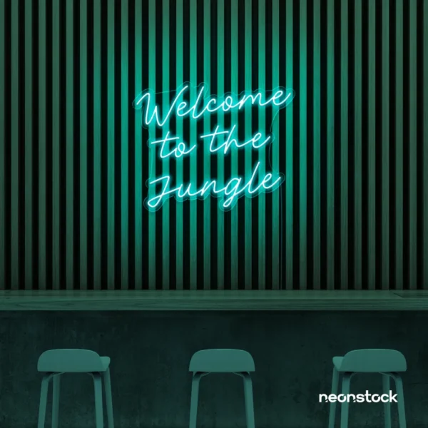 Welcome to the Jungle neon sign in mint green for bold interiors, gaming setups, and tropical decor.
