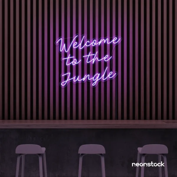 Welcome to the Jungle neon sign in purple for bold interiors, gaming setups, and tropical decor.