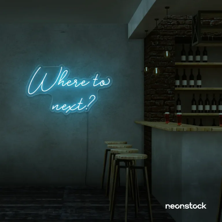 Where To Next neon sign in ice blue