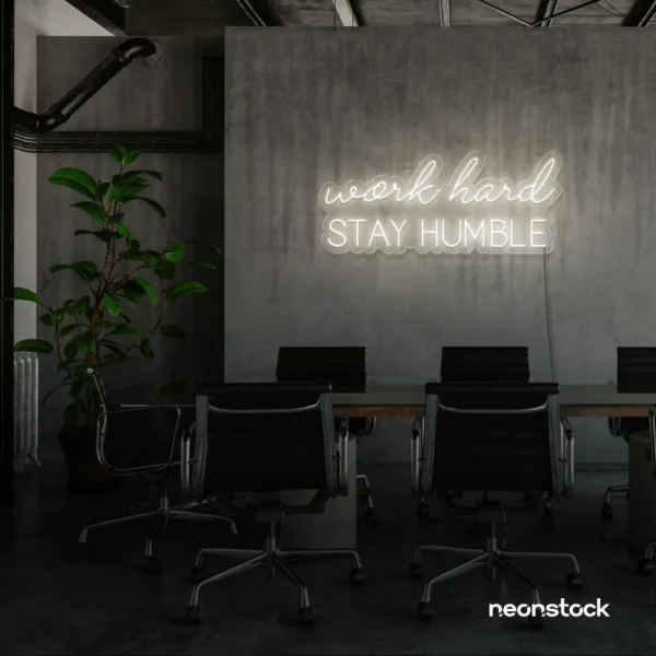 Work Hard Stay Humble neon sign in neutral white for success-driven decor, workspaces, and personal growth rooms.