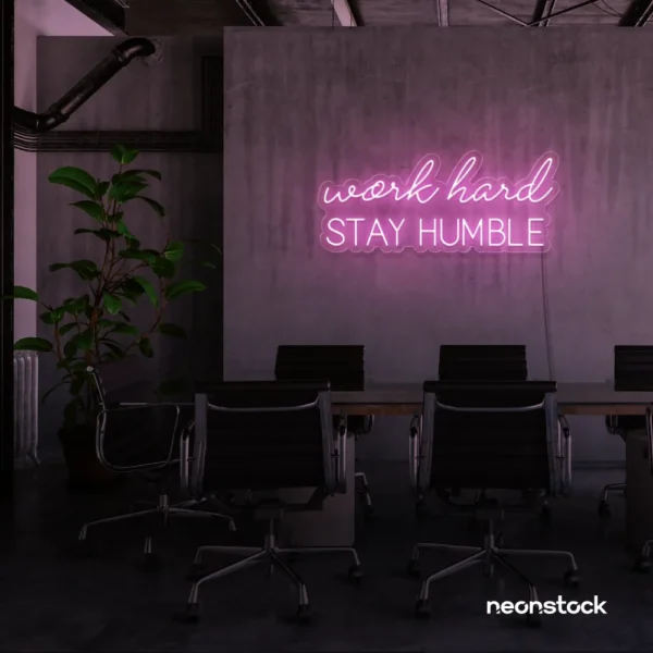 Work Hard Stay Humble neon sign in baby pink for success-driven decor, workspaces, and personal growth rooms.