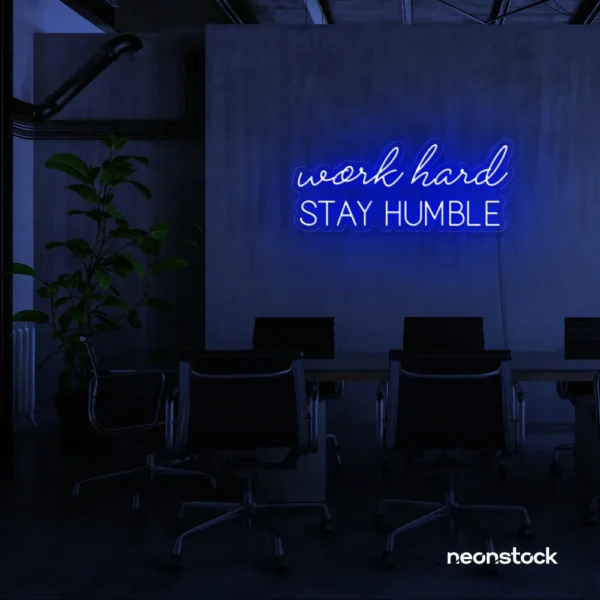 Work Hard Stay Humble neon sign in dark blue for success-driven decor, workspaces, and personal growth rooms.