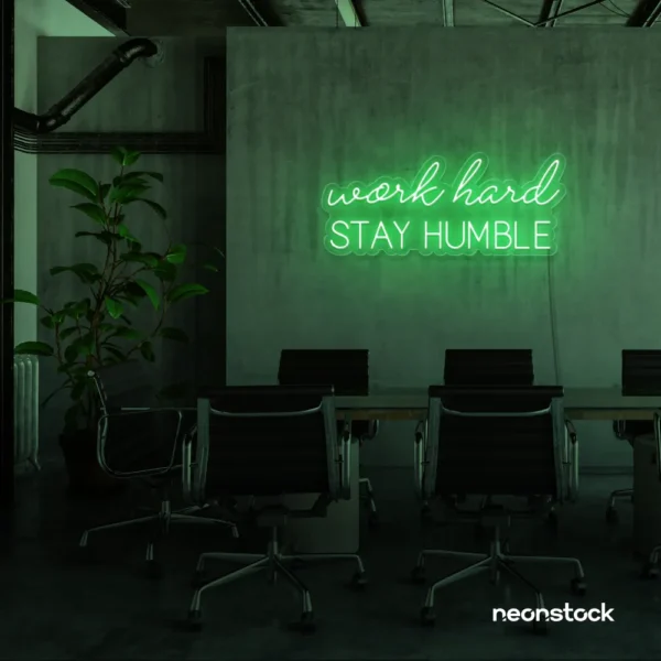 Work Hard Stay Humble neon sign in green for success-driven decor, workspaces, and personal growth rooms.
