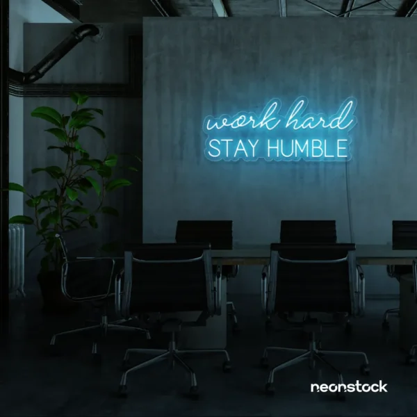 Work Hard Stay Humble neon sign in ice blue for success-driven decor, workspaces, and personal growth rooms.