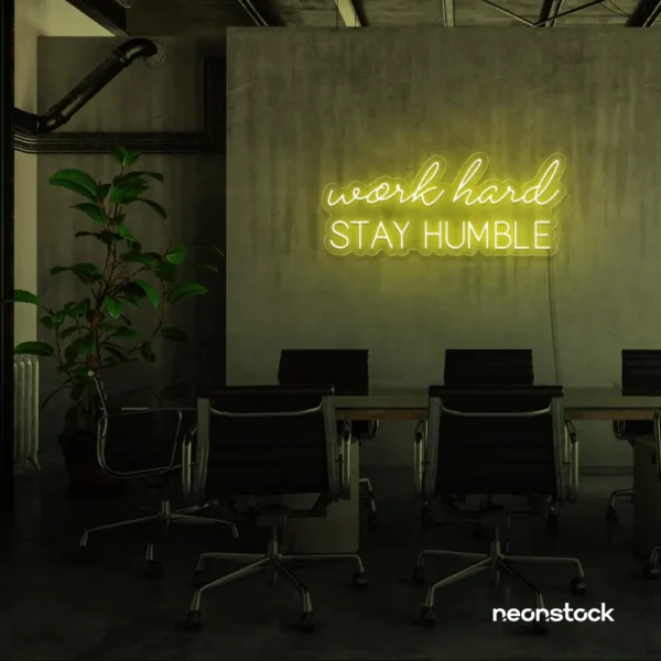 Work Hard Stay Humble neon sign in lemon yellow for success-driven decor, workspaces, and personal growth rooms.