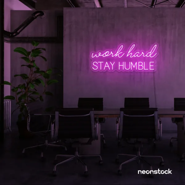 Work Hard Stay Humble neon sign in pink for success-driven decor, workspaces, and personal growth rooms.