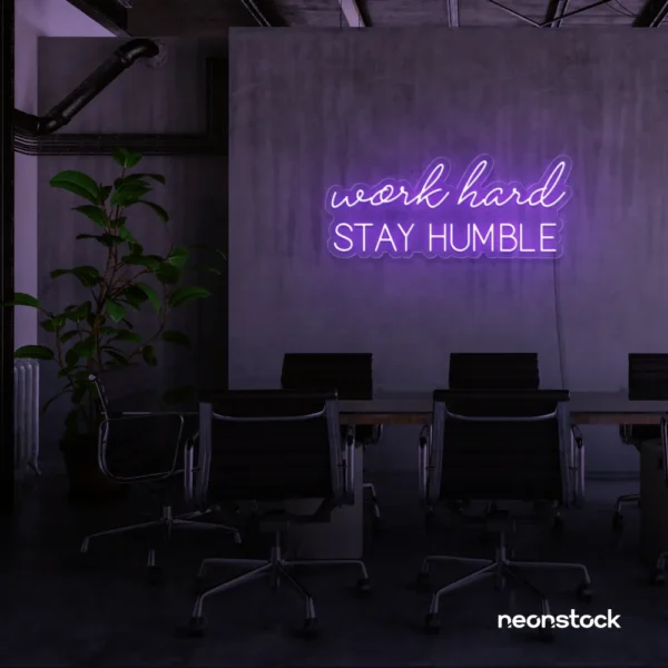 Work Hard Stay Humble neon sign in purple for success-driven decor, workspaces, and personal growth rooms.