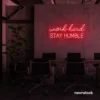Work Hard Stay Humble neon sign in red for success-driven decor, workspaces, and personal growth rooms.