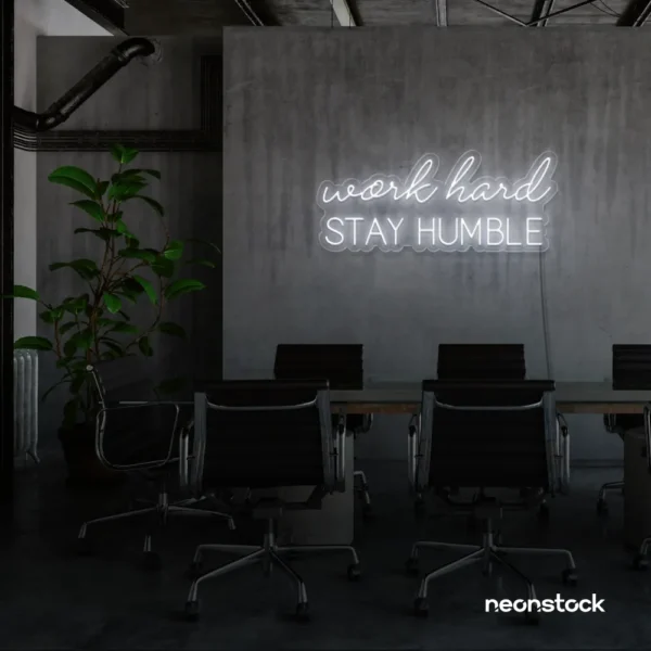 Work Hard Stay Humble neon sign in white for success-driven decor, workspaces, and personal growth rooms.