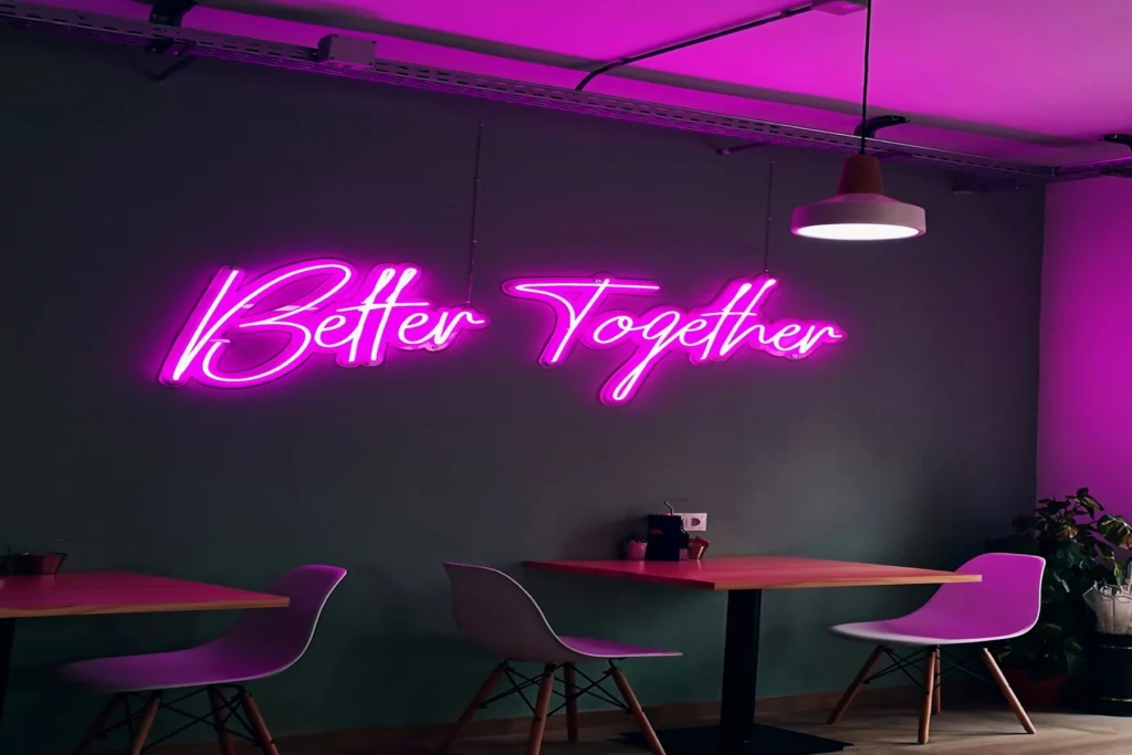 Better Together neon sign on wall decor – perfect for café, home or romantic settings