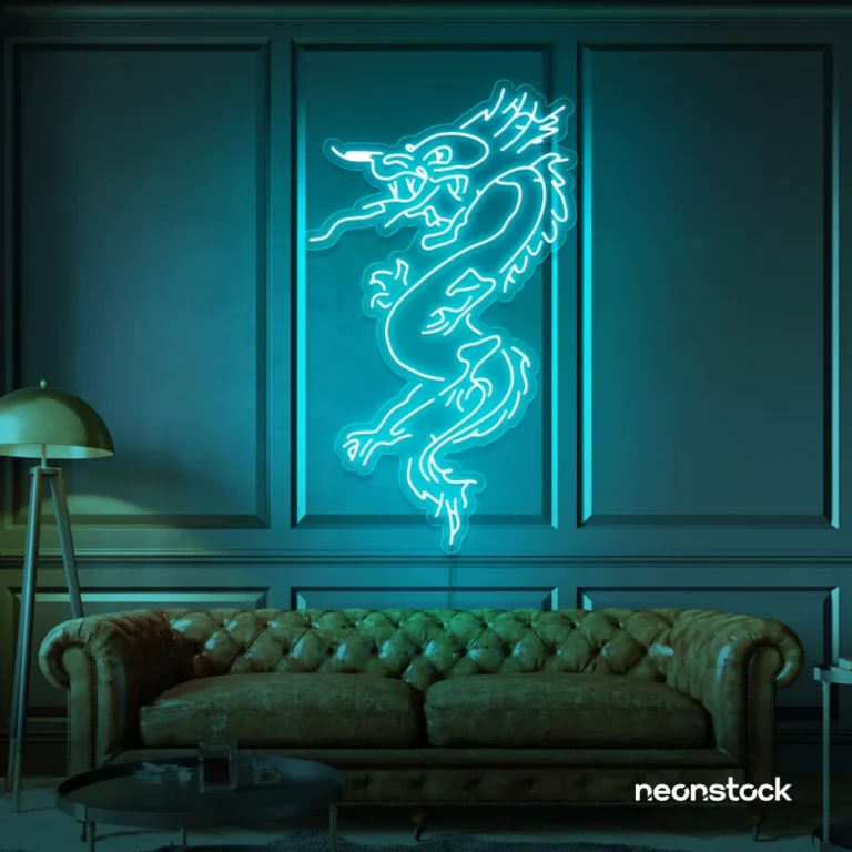 Dragon neon sign in mint green – bold LED mythical creature light for man caves and gaming rooms.