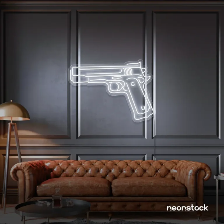 Gun neon sign in white – edgy LED wall decor for modern spaces and game rooms.