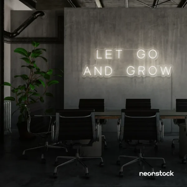 Let Go and Grow neon sign in neutral white for growth mindset decor, wellness rooms, and modern inspiration walls.