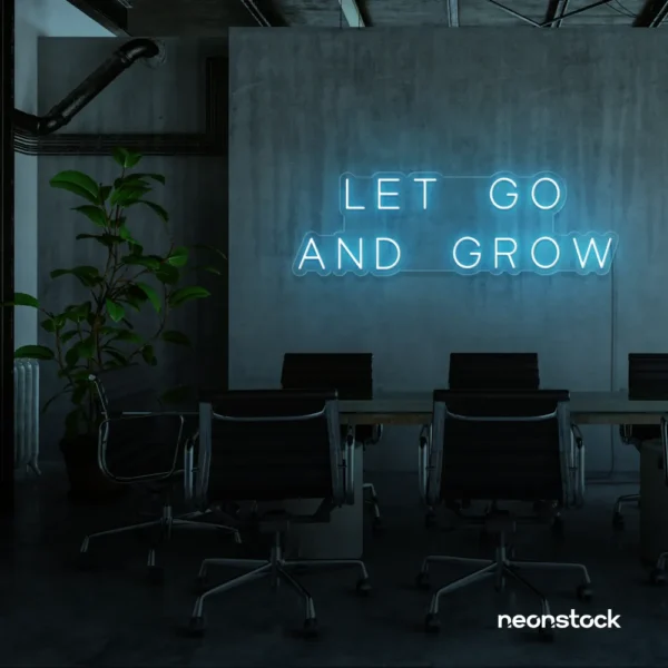 Let Go and Grow neon sign in ice blue for growth mindset decor, wellness rooms, and modern inspiration walls.