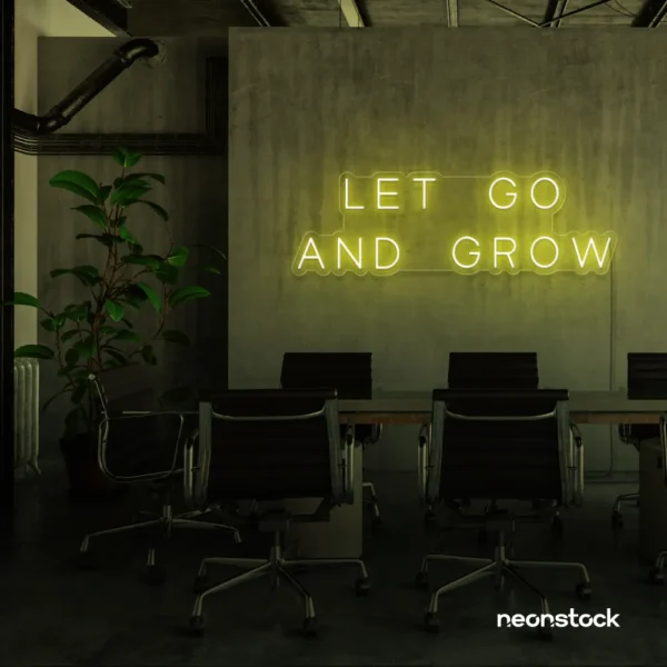Let Go and Grow neon sign in lemon yellow for growth mindset decor, wellness rooms, and modern inspiration walls.