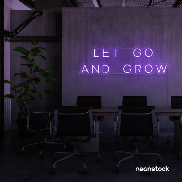 Let Go and Grow neon sign in purple for growth mindset decor, wellness rooms, and modern inspiration walls.