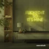 I Licked It So It’s Mine neon sign in lemon yellow for dessert shops, kitchen walls, and fun restaurant decor.
