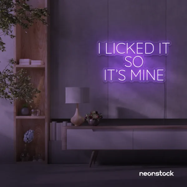 I Licked It So It’s Mine neon sign in purple for dessert shops, kitchen walls, and fun restaurant decor.