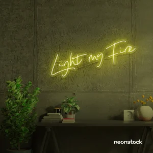 Light My Fire neon sign in lemon yellow for romantic decor, couple bedrooms, and Valentine’s ambiance.