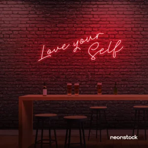 Love Yourself neon sign in red for self-love decor, beauty rooms, and empowering spaces.