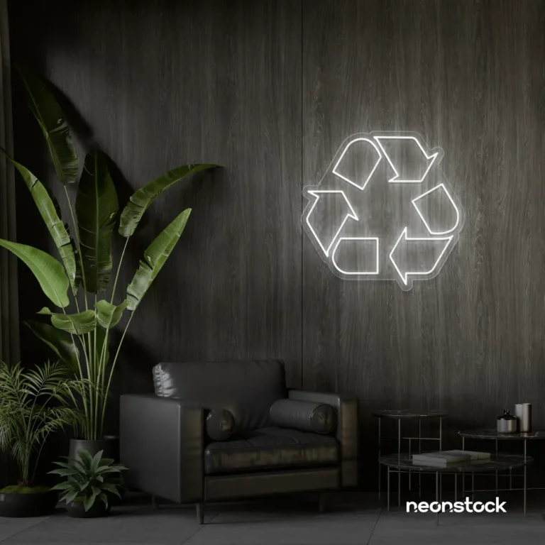 Reuse Recycle neon sign in white for eco-conscious decor, sustainable spaces, and green-themed rooms