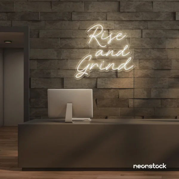 Rise and Grind neon sign in neutral white for gym walls, hustle rooms, and motivational office decor.