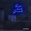 Rise and Grind neon sign in dark blue for gym walls, hustle rooms, and motivational office decor.