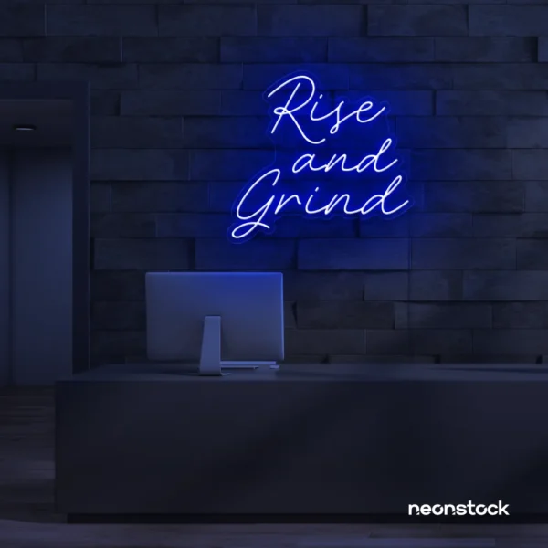 Rise and Grind neon sign in dark blue for gym walls, hustle rooms, and motivational office decor.