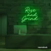 Rise and Grind neon sign in deep green for gym walls, hustle rooms, and motivational office decor.