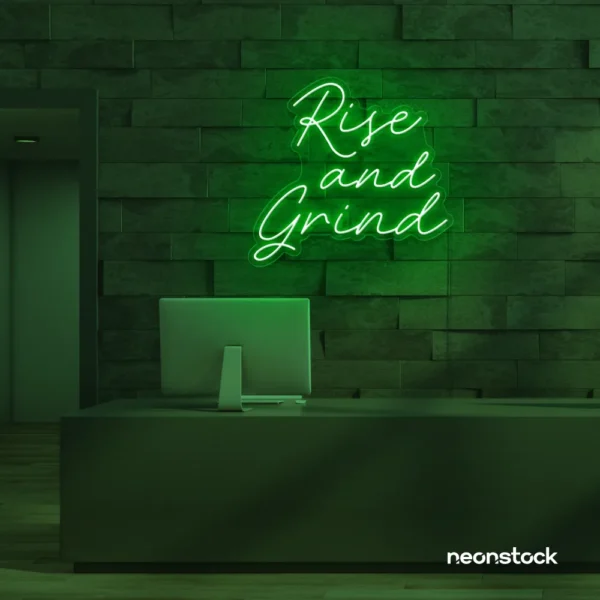 Rise and Grind neon sign in deep green for gym walls, hustle rooms, and motivational office decor.