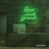 Rise and Grind neon sign in green for gym walls, hustle rooms, and motivational office decor.
