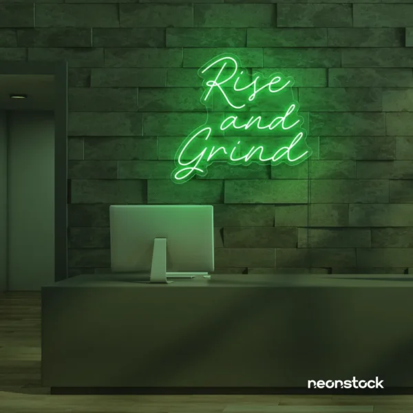 Rise and Grind neon sign in green for gym walls, hustle rooms, and motivational office decor.