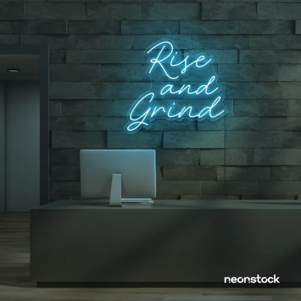 Rise and Grind neon sign in ice blue for gym walls, hustle rooms, and motivational office decor.