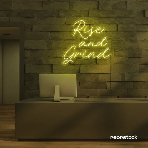 Rise and Grind neon sign in warm white for gym walls, hustle rooms, and motivational office decor.