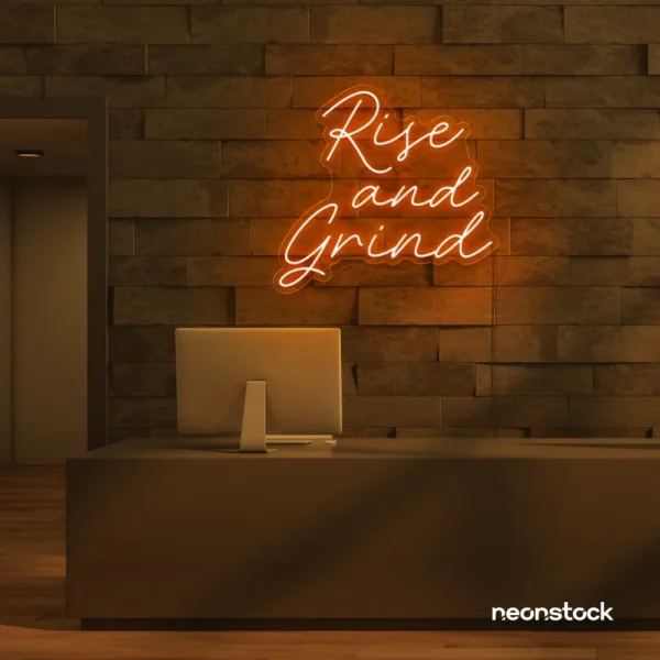 Rise and Grind neon sign in orange for gym walls, hustle rooms, and motivational office decor.