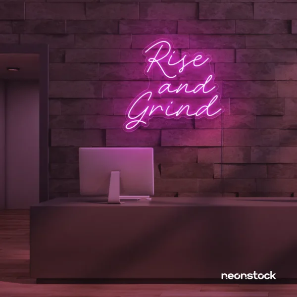 Rise and Grind neon sign in pink for gym walls, hustle rooms, and motivational office decor.