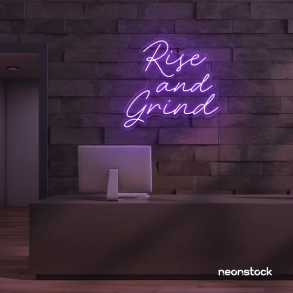 Rise and Grind neon sign in purple for gym walls, hustle rooms, and motivational office decor.