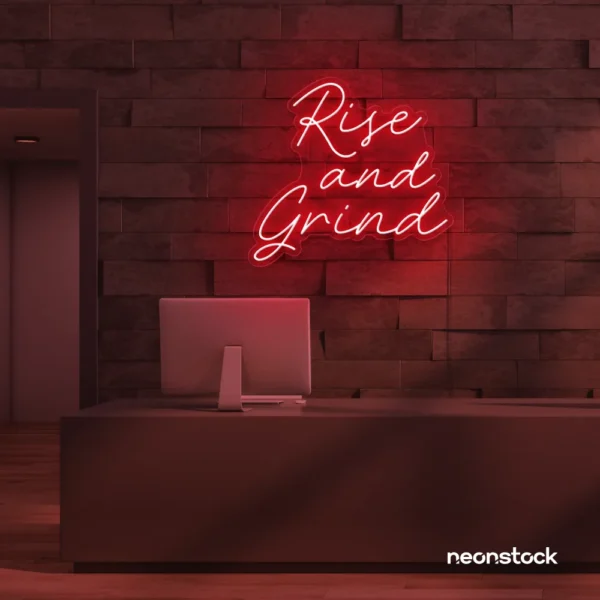 Rise and Grind neon sign in red for gym walls, hustle rooms, and motivational office decor.