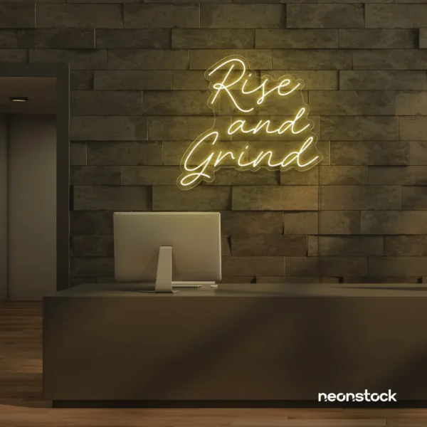 Rise and Grind neon sign in dark blue for gym walls, hustle rooms, and motivational office decor.