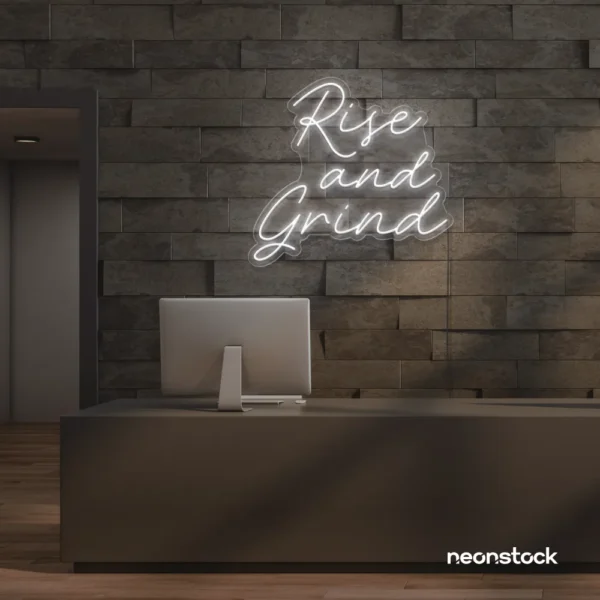 Rise and Grind neon sign in baby pink for gym walls, hustle rooms, and motivational office decor.