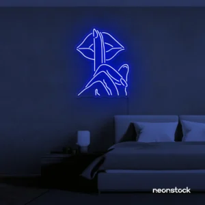 Shushing lips neon sign in dark blue for beauty salons, glam rooms, and bold home decor.