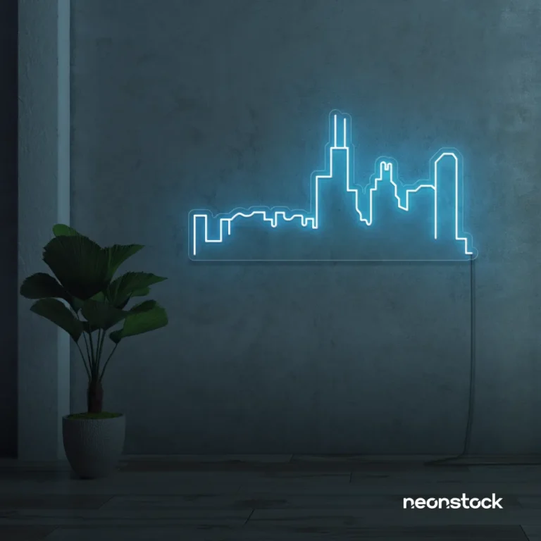 Skyline neon sign in ice blue for modern wall decor