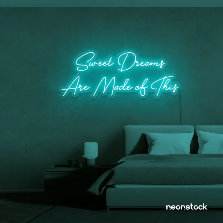 Sweet Dreams Are Made of This neon sign in mint green for bedrooms, dreamy wall decor, and ambient lighting.