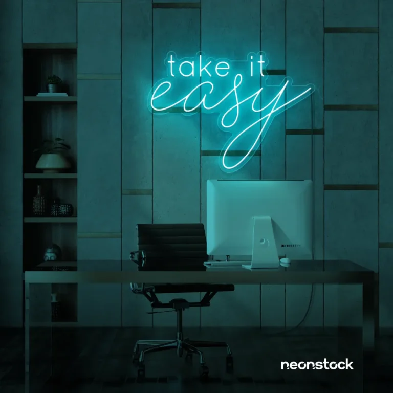 Take It Easy neon sign in mint green for chill wall decor, boho rooms, and relaxed interiors.