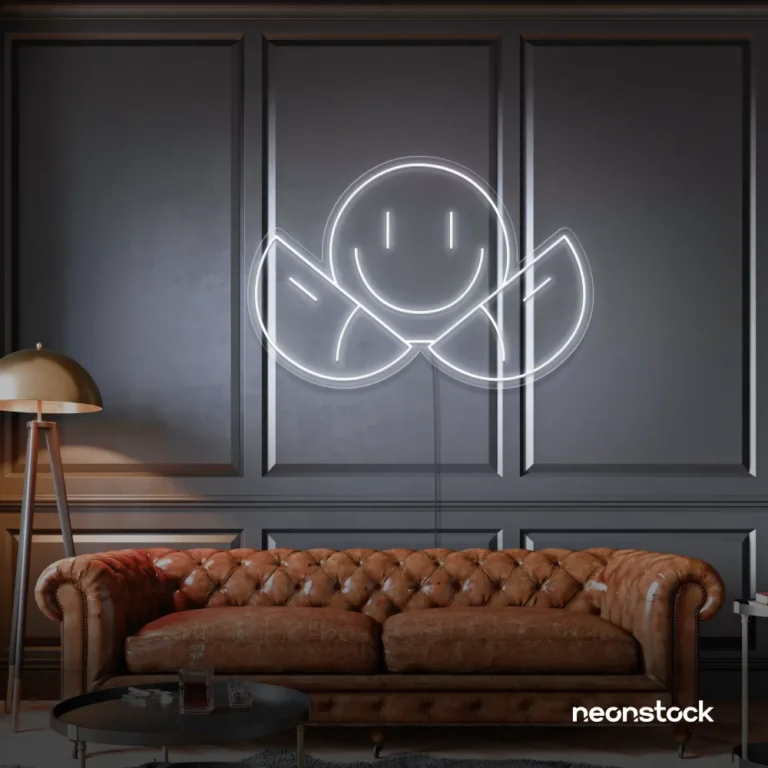 Two-faced emoji neon sign in white for teen room wall decor